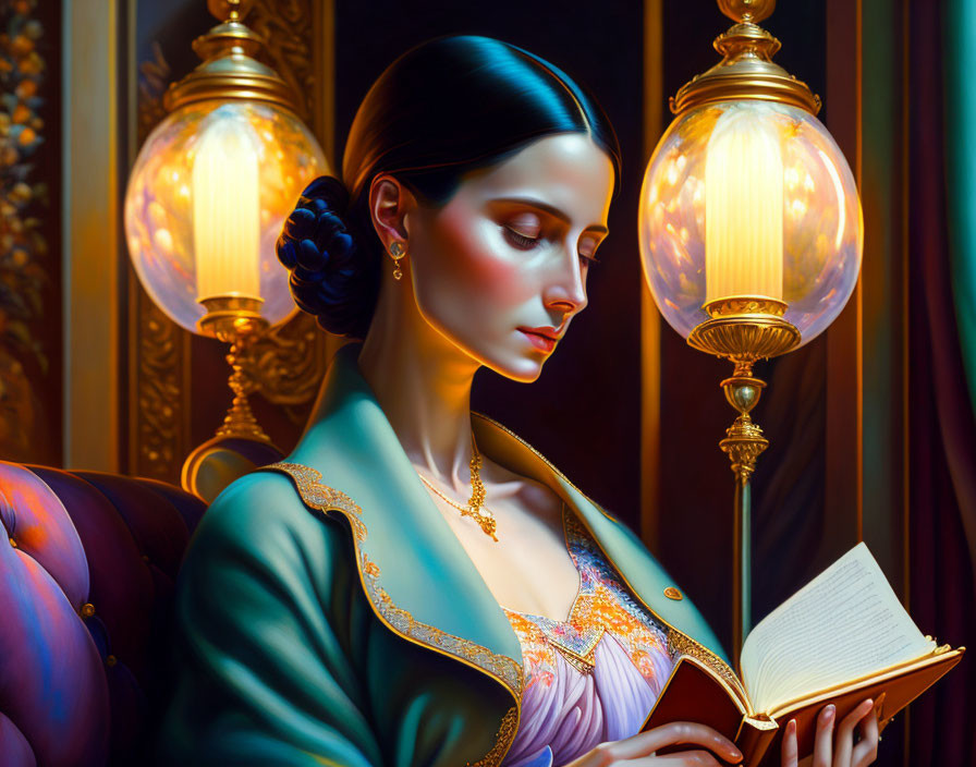 Illustrated woman in elegant attire reading book under warm glow of ornate lamps