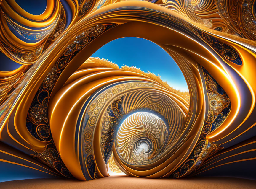 Swirling Golden and Blue Fractal Art: Depth and Movement