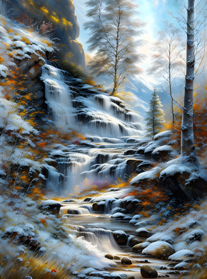 Tranquil waterfall in autumn forest with snow and soft light