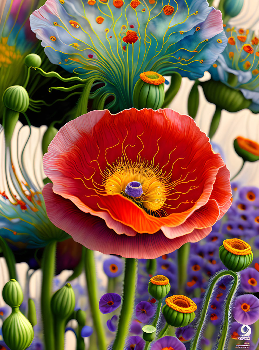 Colorful Digital Artwork: Red Poppy Among Stylized Flowers