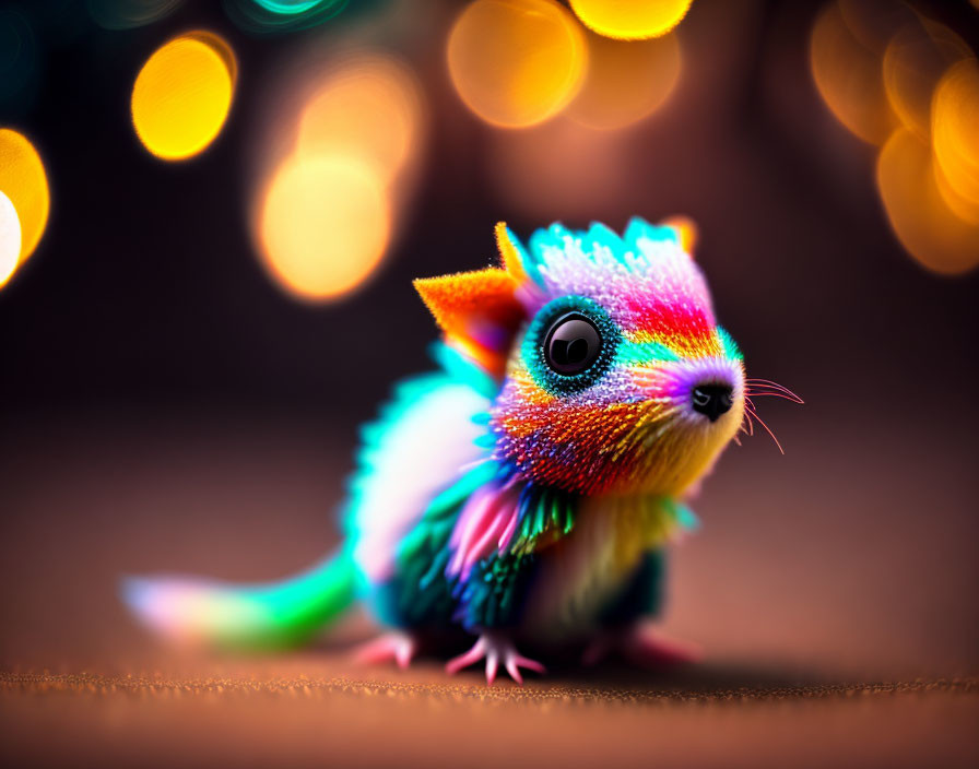 Colorful toy creature with large eyes and neon fur on bokeh light background