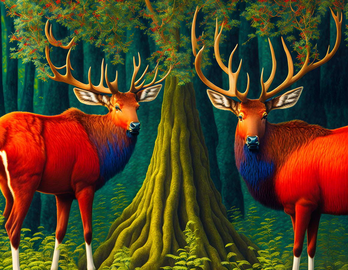 Vibrant red deer with large antlers in lush forest scene