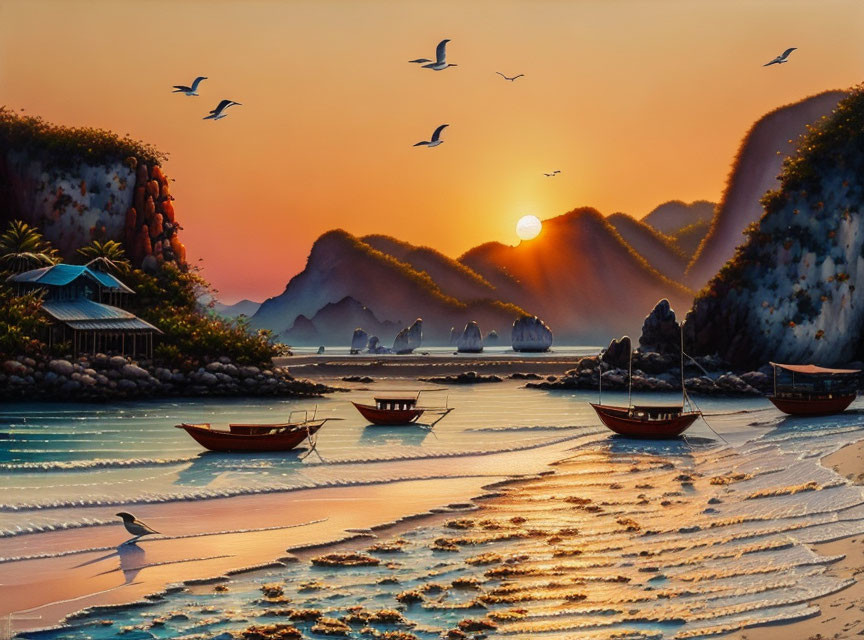 Scenic beach sunset with boats, hut, birds, mountains, and reflections