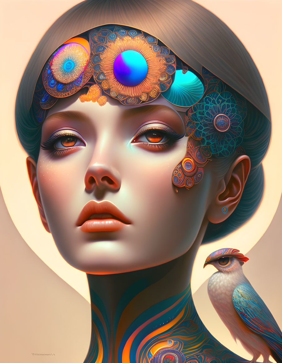 Digital Artwork: Female Figure with Ornate Headpiece and Bird on Shoulder