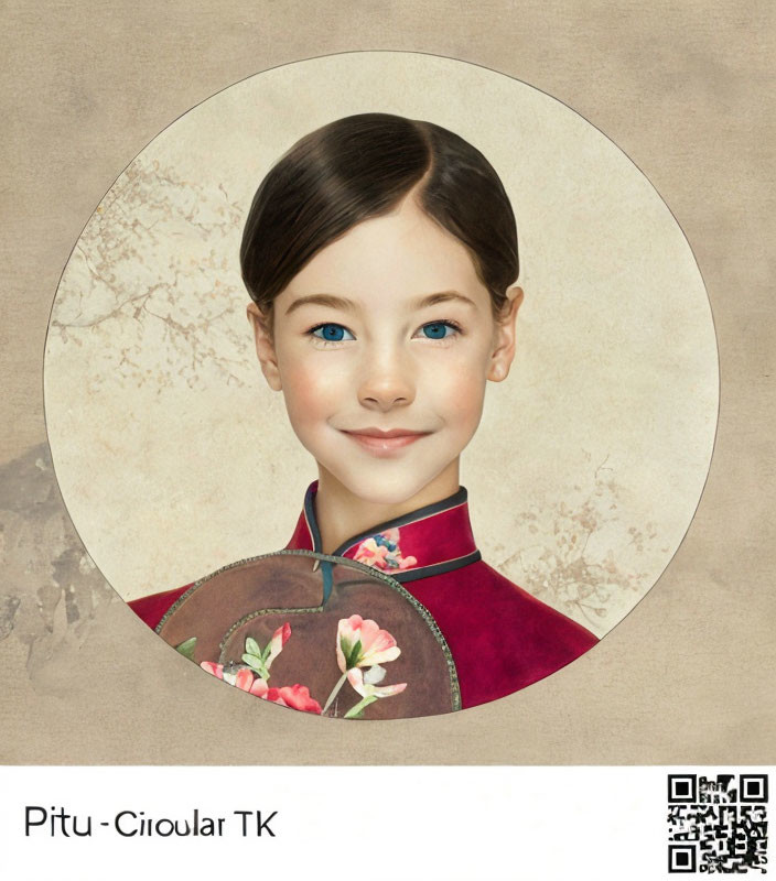 Young girl in traditional Asian attire portrait on textured beige background