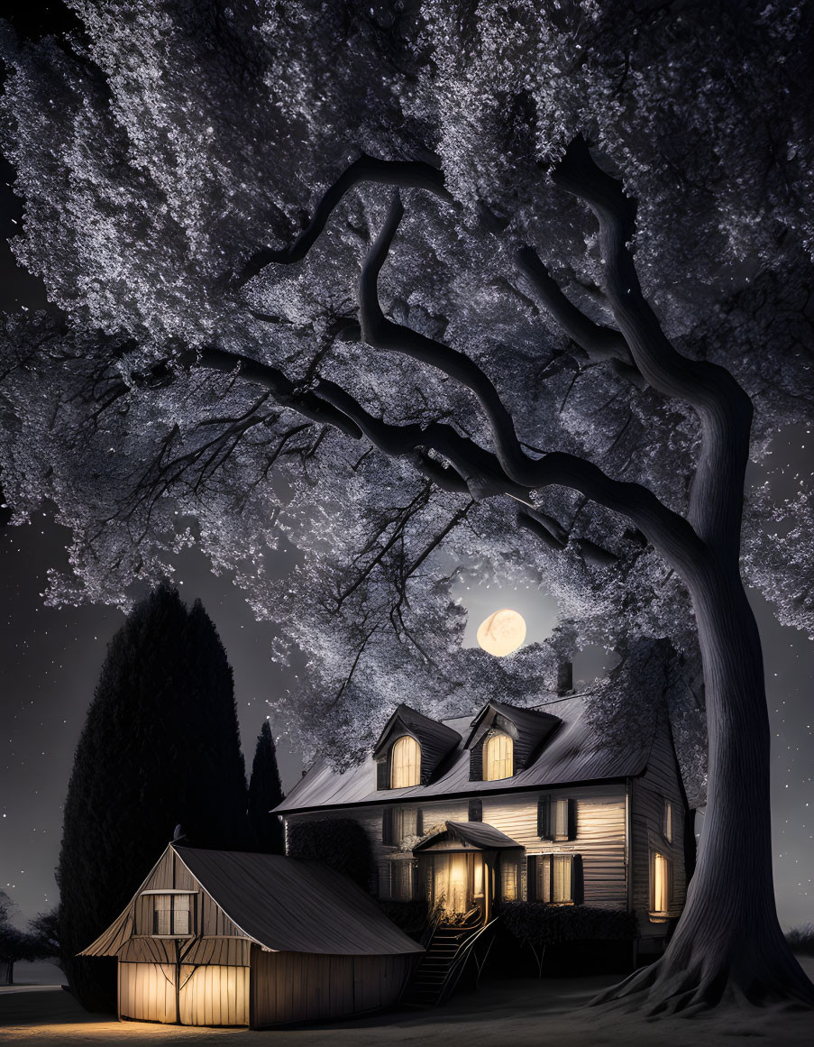 Full Moon Illuminates Two-Story House and Blossoming Tree