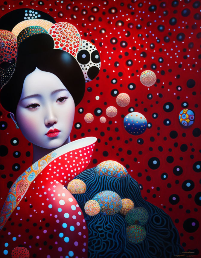 Vivid painting of woman in traditional East Asian attire on red dotted background