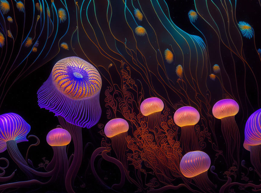 Bioluminescent jellyfish in dark ocean with intricate tentacles