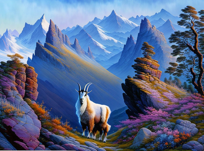 Majestic goat on flowering mountain ledge with snow-capped peaks