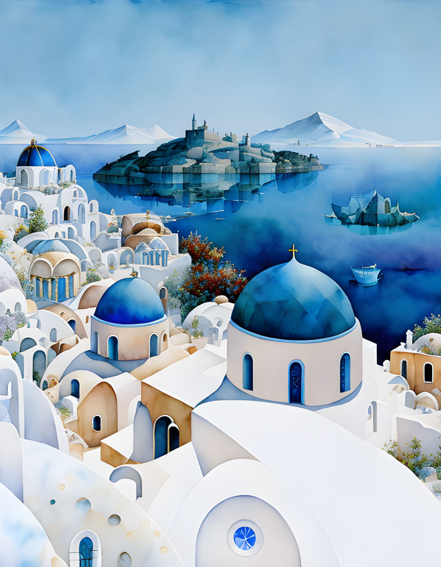 Surreal Coastal Greek Village with Blue Domed Churches