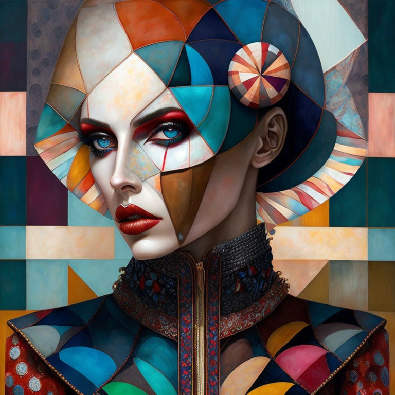 Colorful portrait of a woman in geometric-patterned attire