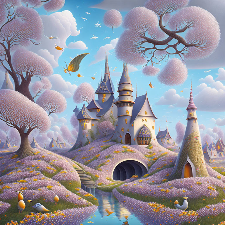 Fantastical landscape with fairy-tale castle, purple trees, serene river, and colorful birds