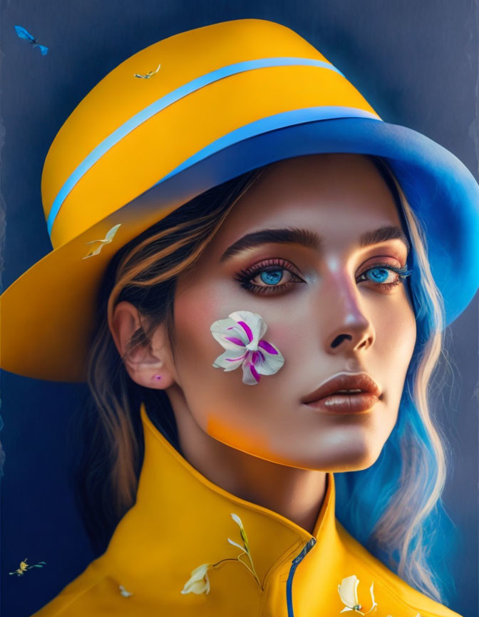 Woman with Blue Eyes in Yellow Hat and Butterfly Coat with Pink Flower