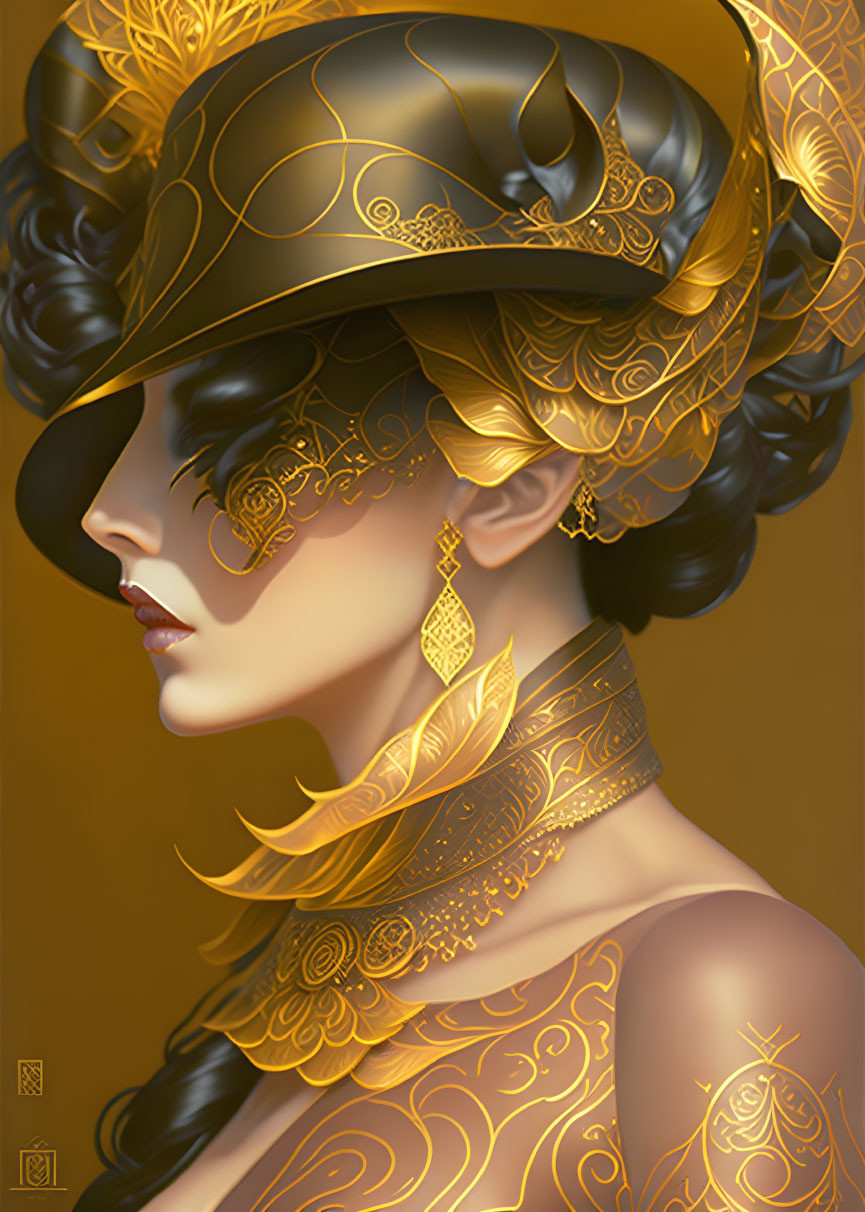 Regal woman portrait with golden ornate patterns