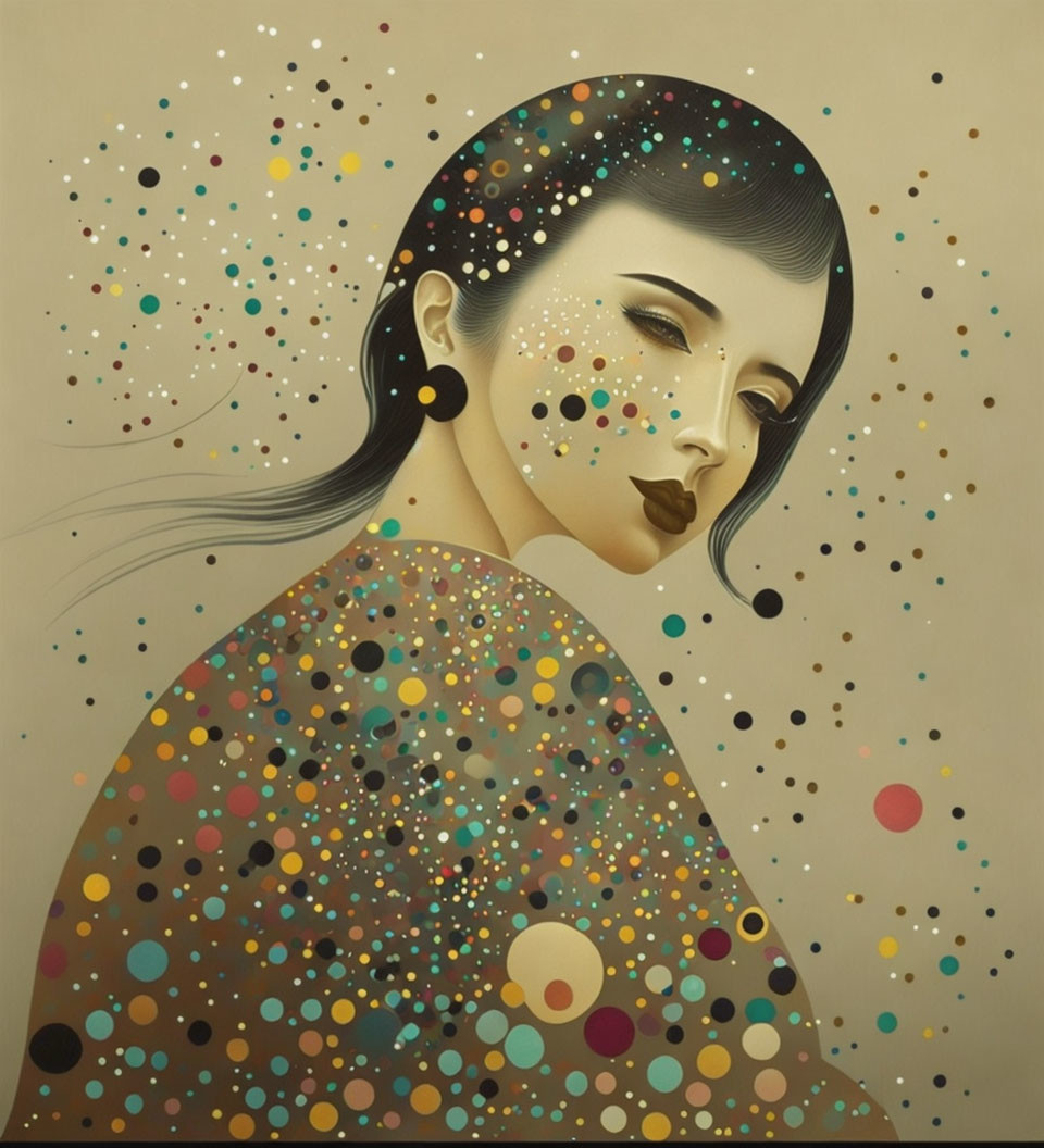 Profile portrait of a woman with serene expression and cascading multicolored dots