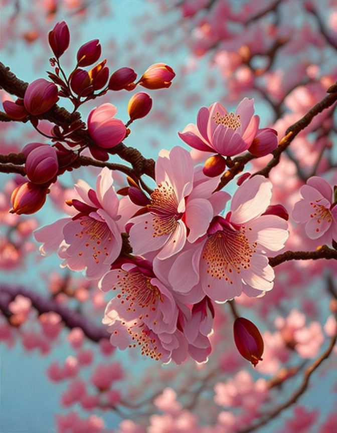 Pink Cherry Blossom Branch on Blurred Blue and Pink Background