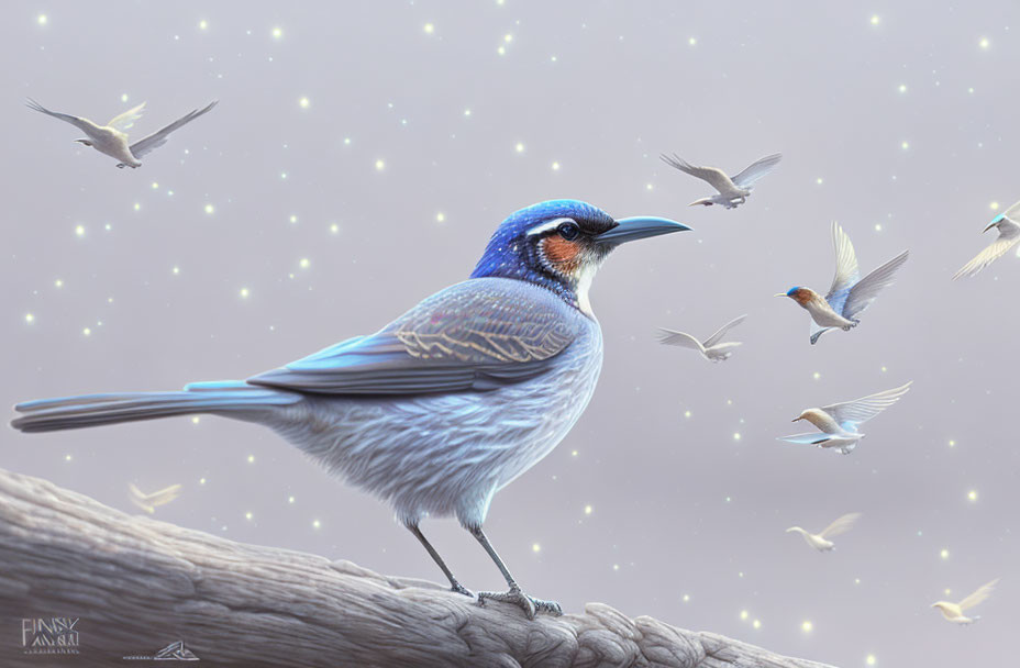 Blue bird perched on branch with flying small birds in starry background