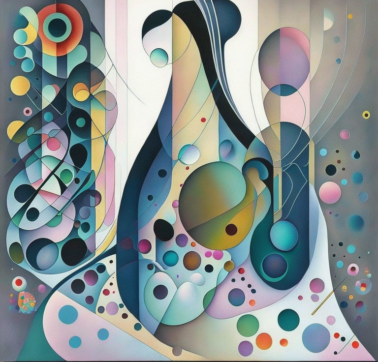 Abstract painting with swirling forms, pastel to deep hues, dots, and circles.