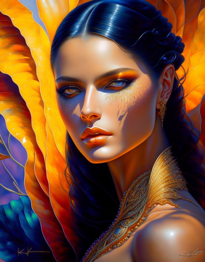 Digital artwork featuring woman with vibrant blue eyes and gold jewelry.