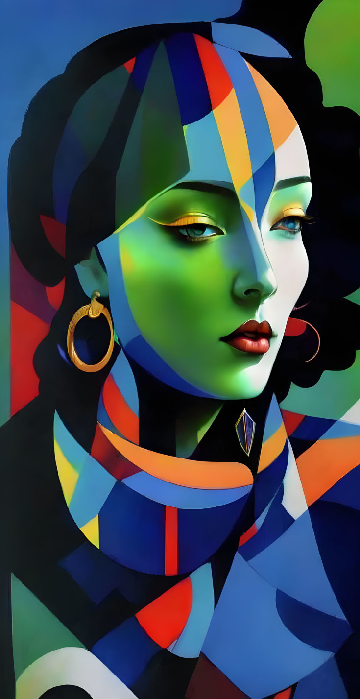 Colorful Cubist-Style Portrait of Woman with Geometric Patterns