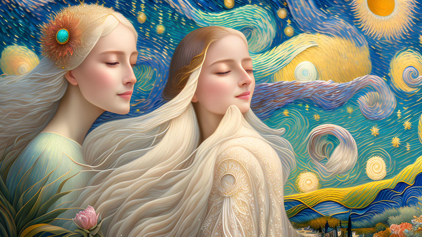 Ethereal women with blond hair in celestial accessories on Van Gogh-inspired night sky