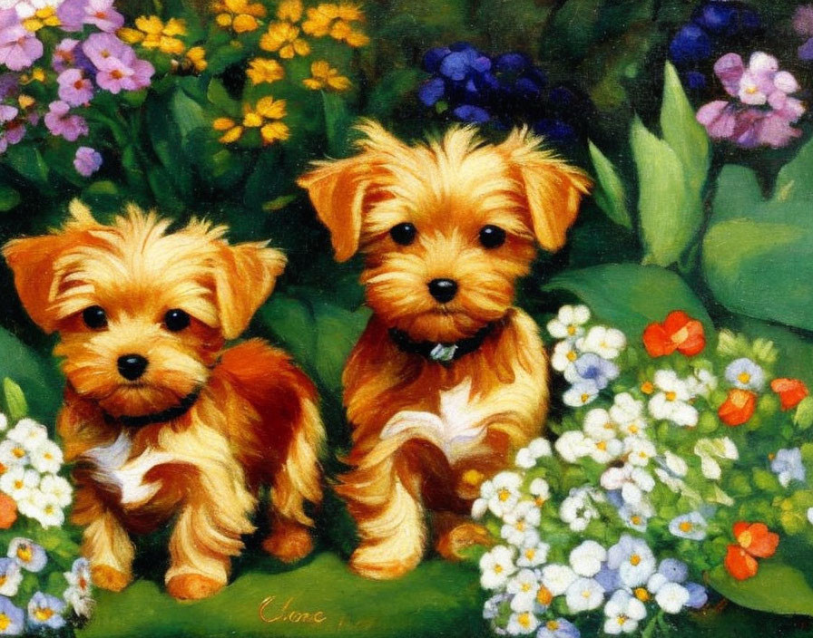 Two puppies in colorful flower garden with green backdrop - impressionistic style