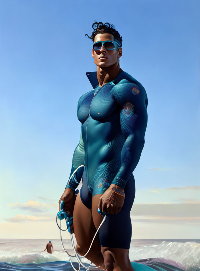 Fit person in blue wetsuit with tattoos and sunglasses holding surfboard leash at beach.