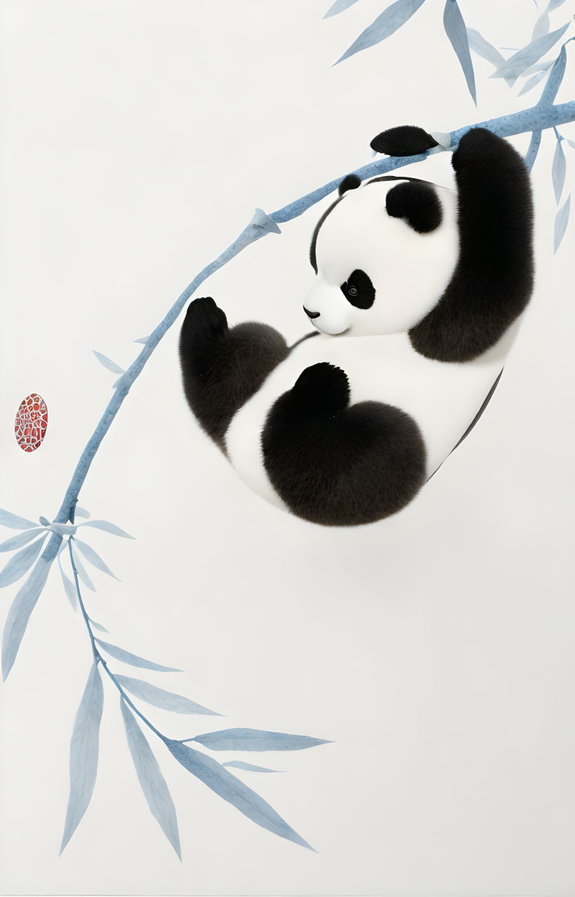 Playful panda reaching for red ball on bamboo branch against white background