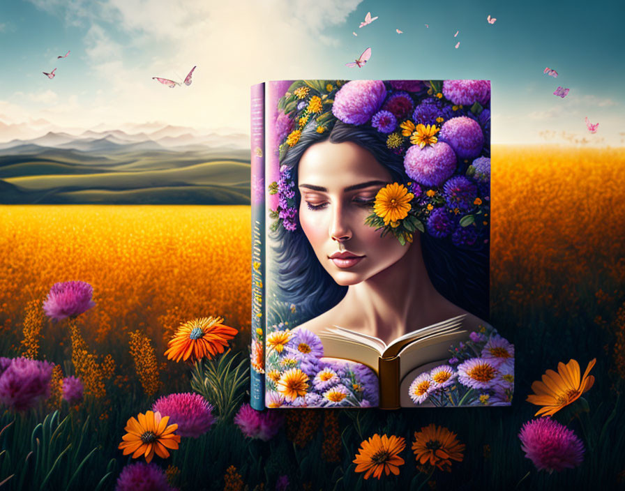 Colorful Flower Adorned Woman's Face Book Cover with Sunset Sky