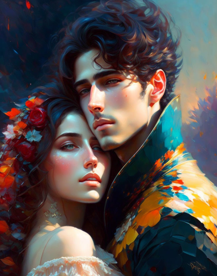 Colorful Jacket Man and Flower-Adorned Woman in Romantic Couple Digital Painting