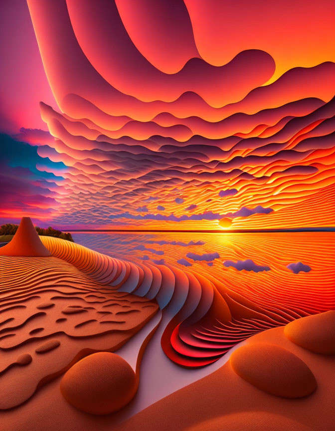 Layered Clouds Over Orange Desert: Surreal Landscape with Vibrant Sunset