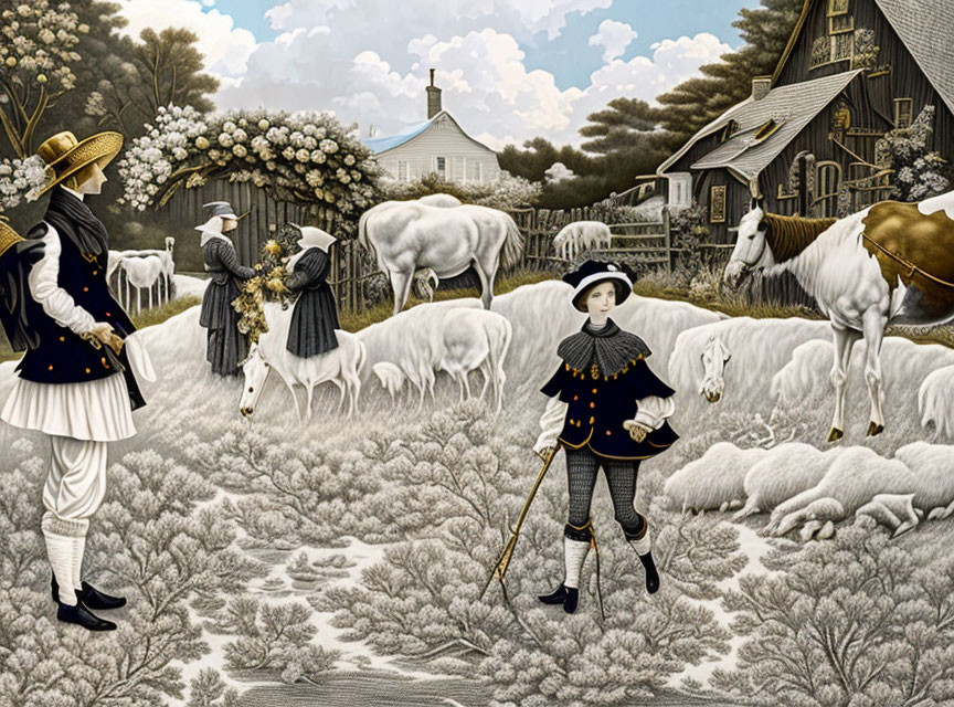 Colonial-themed illustration with boy, horses, cows, and houses