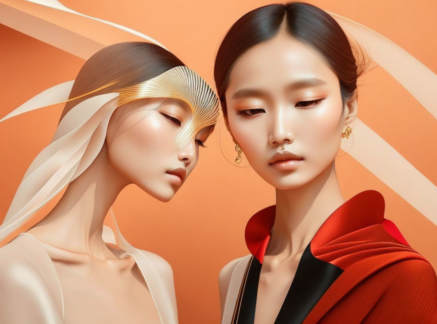 Stylized female figures with modern hairstyles and elegant attire on orange backdrop