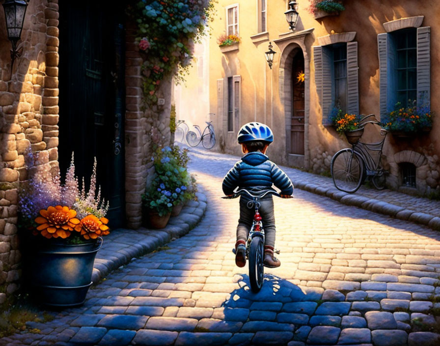 Child on Bicycle Riding on Cobblestone Street at Sunset