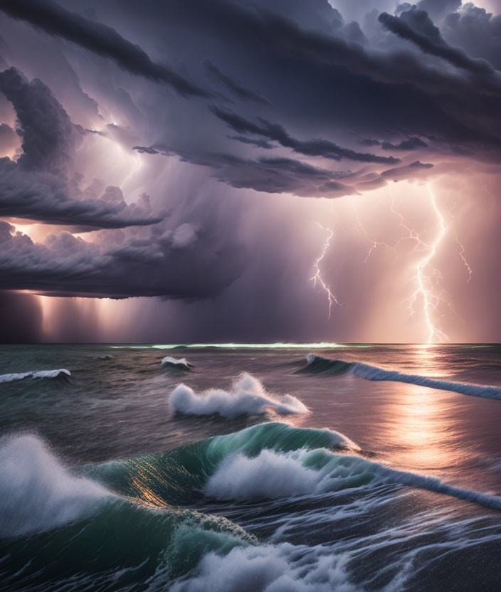 Stormy Seascape with Lightning and Sunset Glow