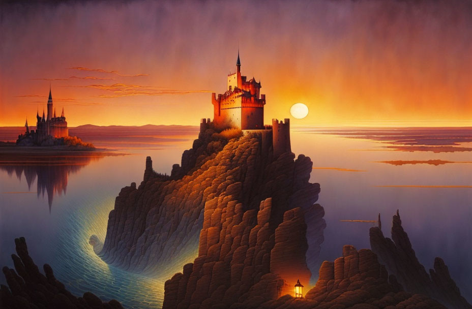 Majestic castle on rocky cliff under vibrant sunset