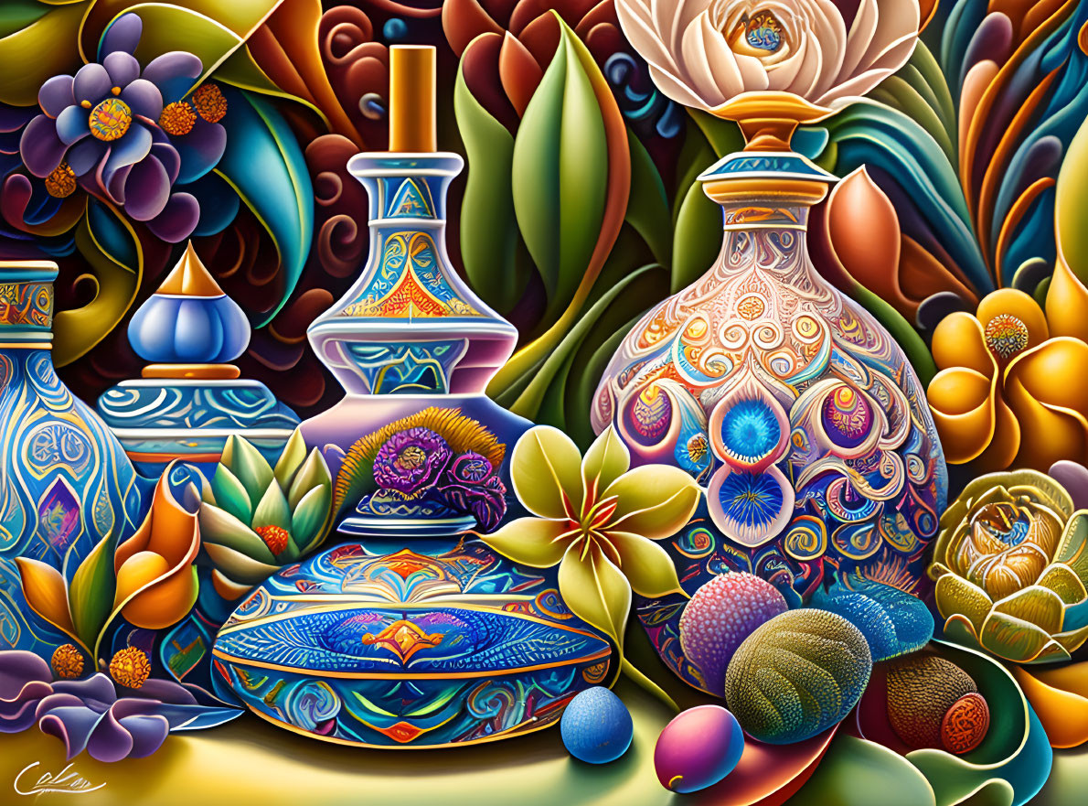 Vibrant still-life painting with ornate vases and floral patterns