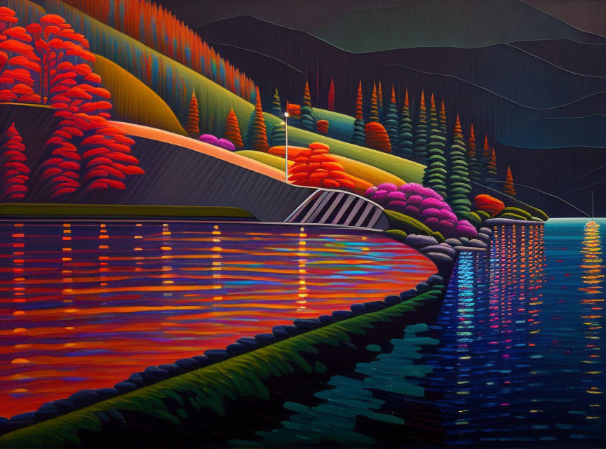 Colorful Landscape Painting with Trees, Water Reflection, Hills, and Starry Sky