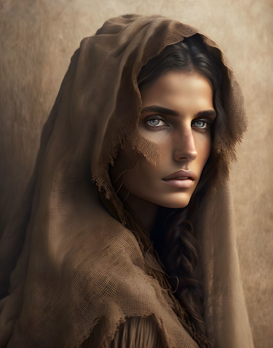 Digital portrait of woman with striking blue eyes and brown shawl.