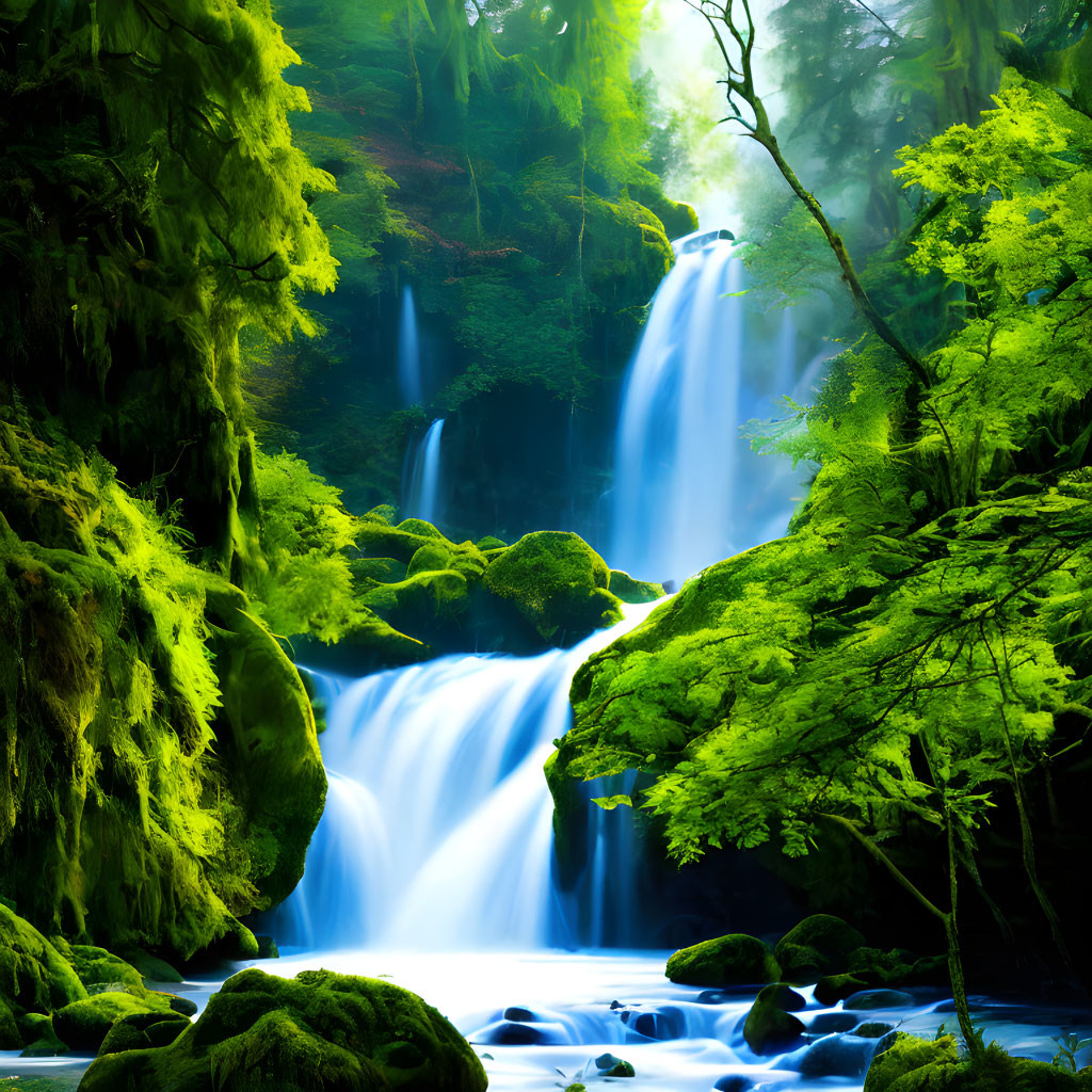 Scenic waterfall in lush green forest with sunlight and mist.