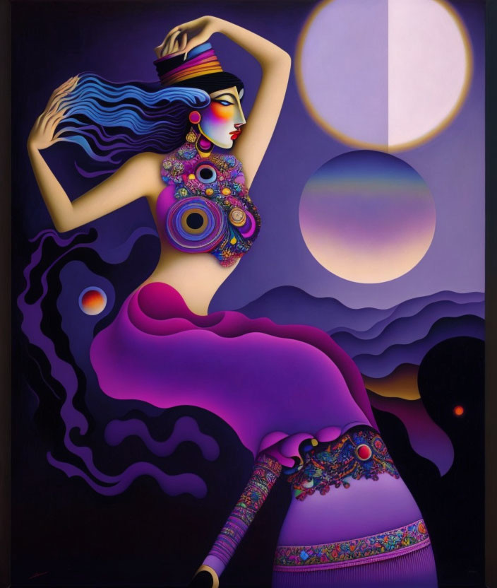 Colorful Stylized Painting of Woman with Celestial Background