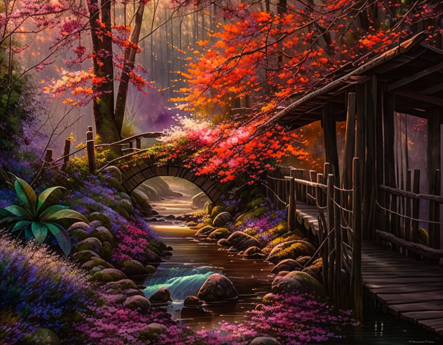 Tranquil woodland scene with wooden bridge, pink blossoms, greenery, and misty light