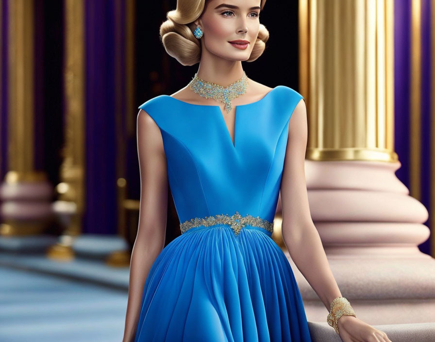 Stylish woman in blue gown with gold accents and jeweled necklace against luxurious backdrop