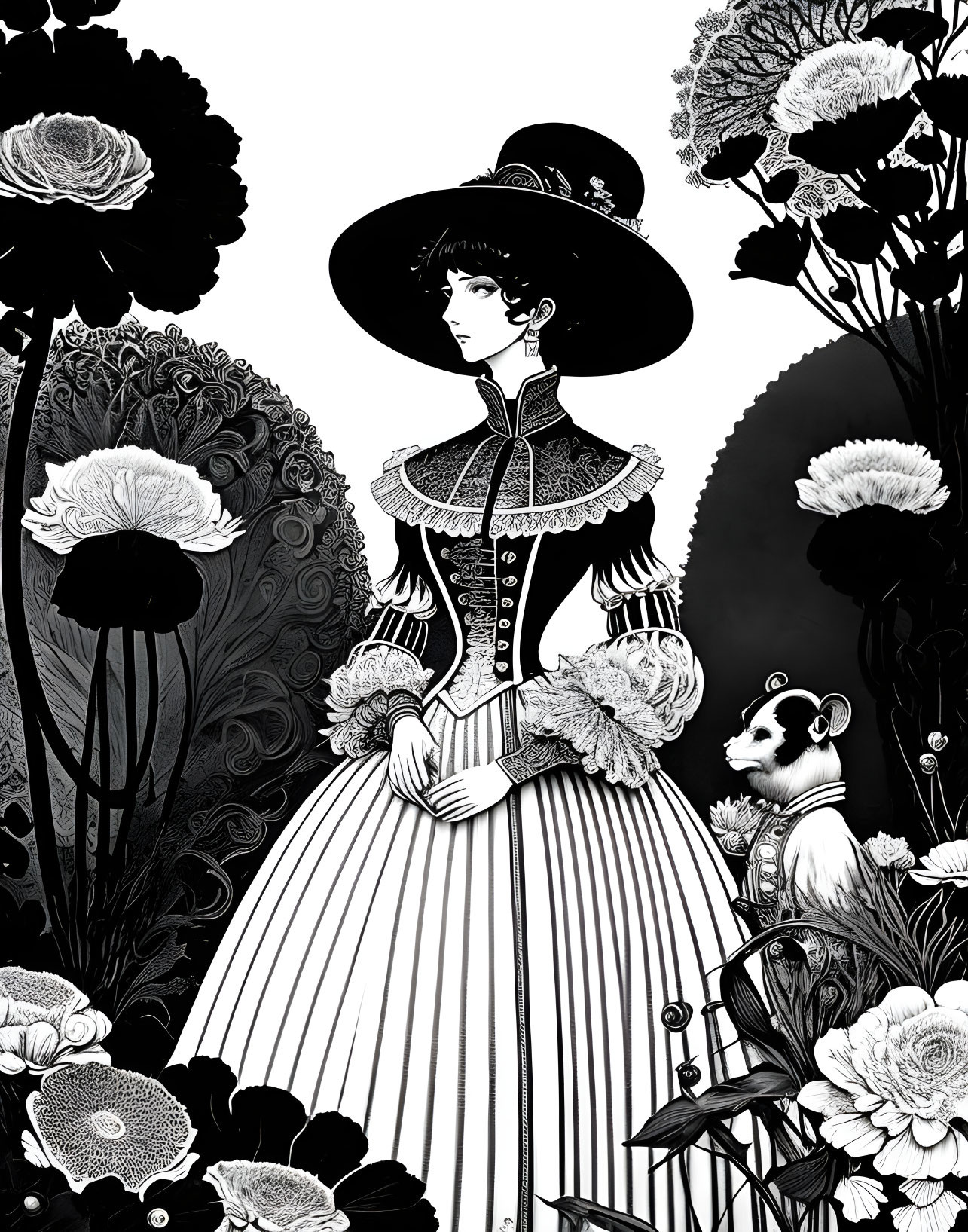 Vintage-inspired monochrome illustration of elegantly dressed woman with wide-brimmed hat, surrounded by orn