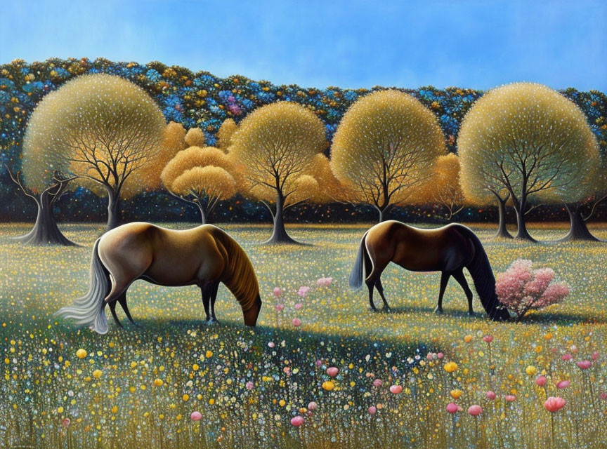 Vibrant meadow scene: Two horses grazing under colorful trees and flowers