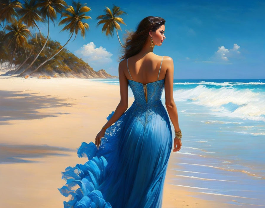 Woman in Blue Dress on Sunny Beach with Palm Trees