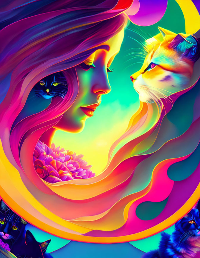 Colorful digital artwork: woman's profile, flowing hair, cats, and flowers