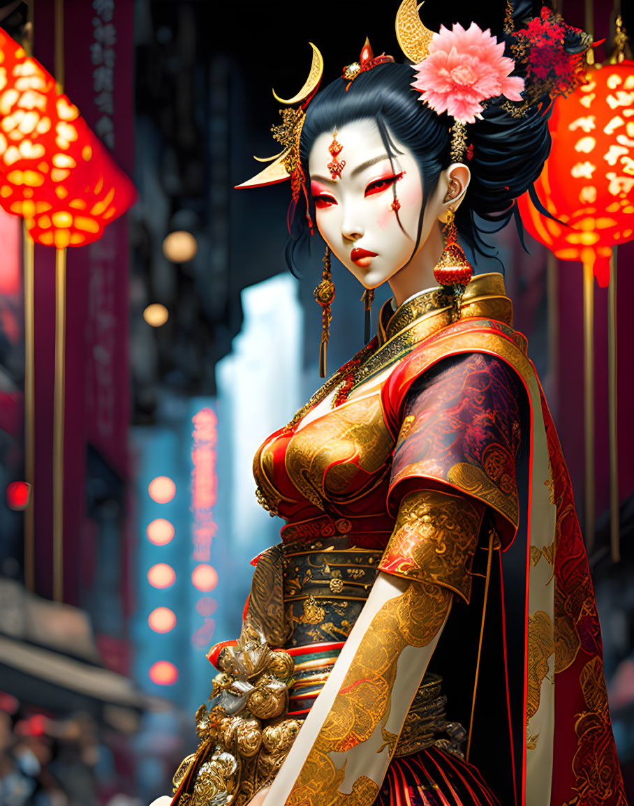 Illustrated character in traditional Asian attire with gold accessories and red lanterns.