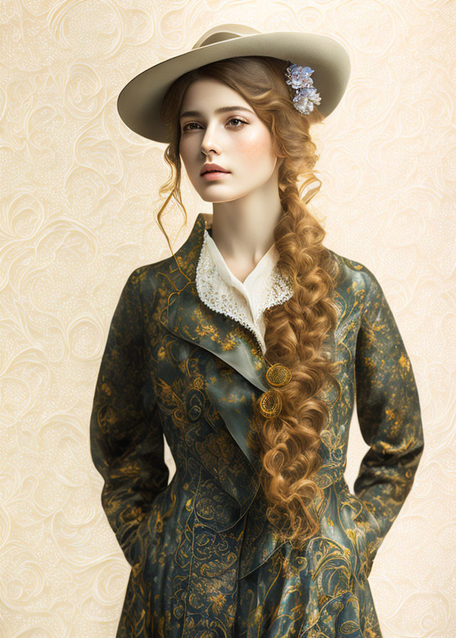 Vintage Woman in Ornate Outfit with Wide-Brimmed Hat and Braid on Creamy Background