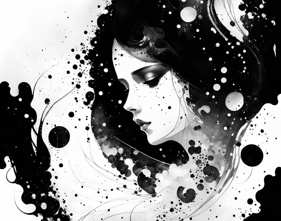 Monochrome artistic illustration of a woman merging into abstract black ink and white circles with a cosmic theme.